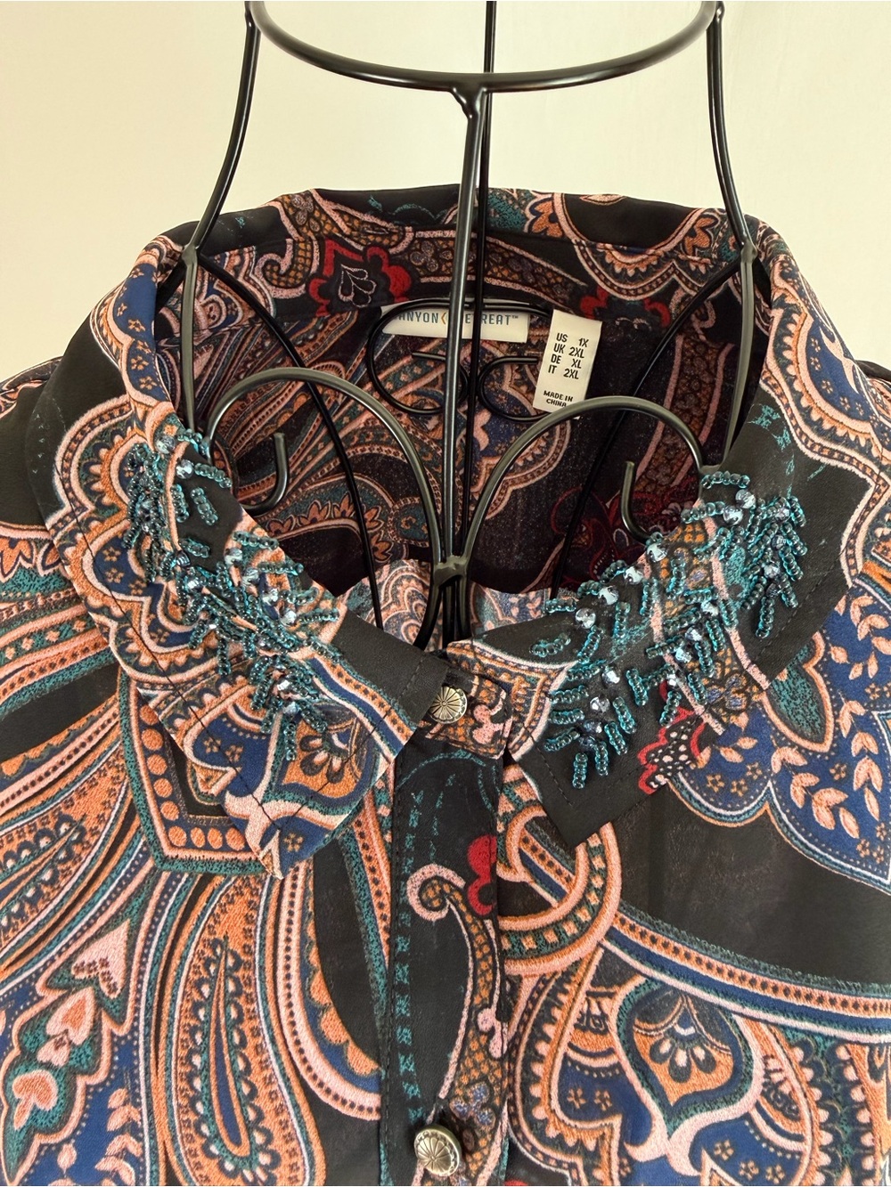 Canon Black Paisley Button-Down Shirt with Red and Tan Accents - Picture 4 of 11